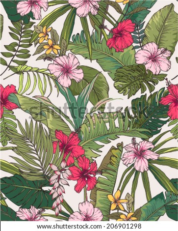 seamless sketch tropical flower summer print vector pattern background