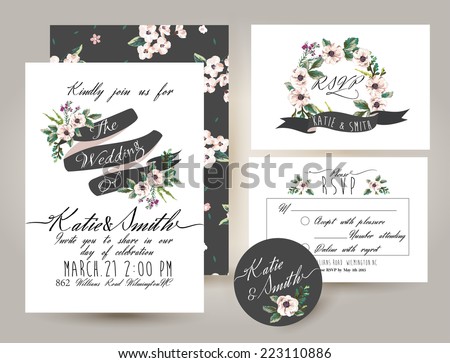 wedding invitation card suite with romantic flower Templates