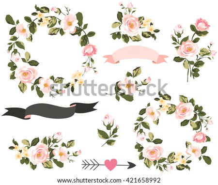 wedding graphic set with flowers ,floral wreath,banner,arrow,flower bouquet collection