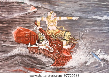 Thai art Thai monkey fighting with a dragon.
