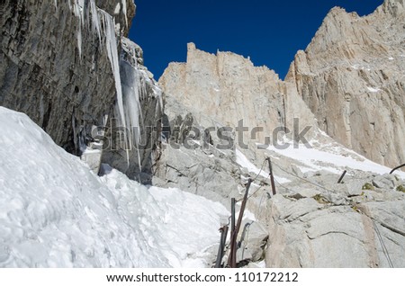 Railings on Mount Whitney trail on the way to the highest summit in California and contiguous USA