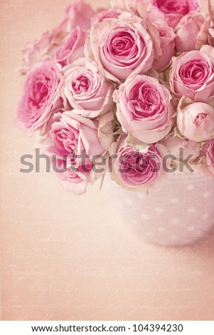 Pink roses in a vase on pink background