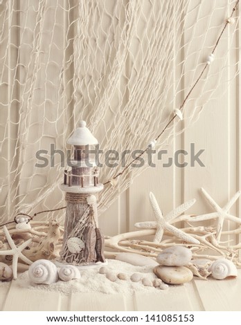 Marine life decoration and on wooden shabby background