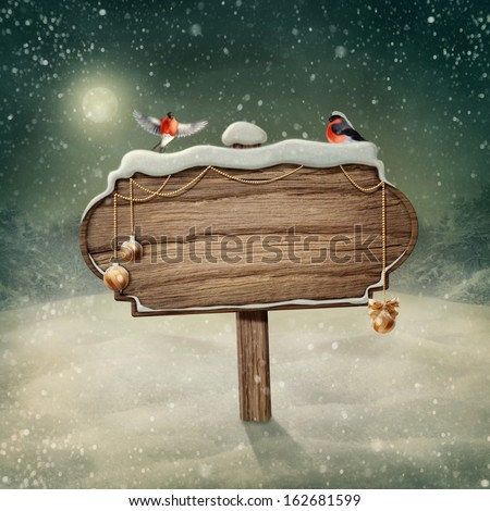 Wooden sign and birds in snow