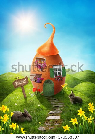 Spring easter meadow with egg house