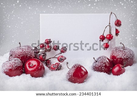 Blank sign with red christmas decorations and snow