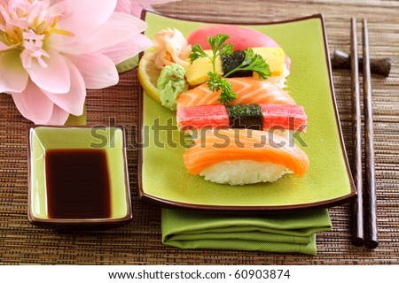 Japan traditional food sushi on green plate