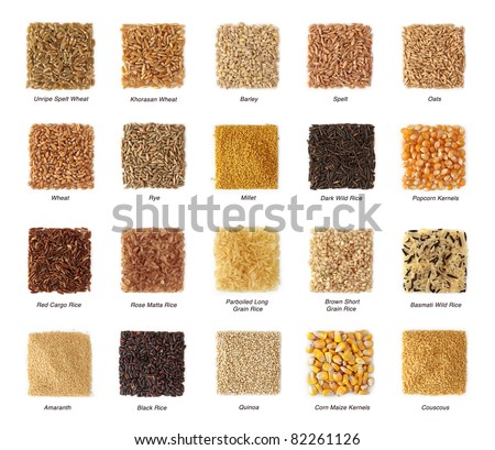 Cereals collection with titles isolated on white background