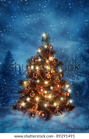 Christmas tree with lights in winter