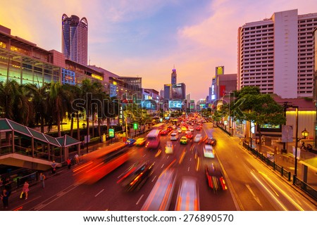 Road with traffic jams. Area in front Central World. Economic center of Bangkok Thailand