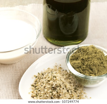 hemp products: oil, milk, powder, seeds