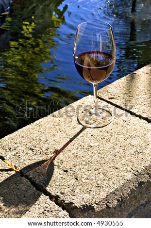 Glass of red wine on the edge of a backyard pond