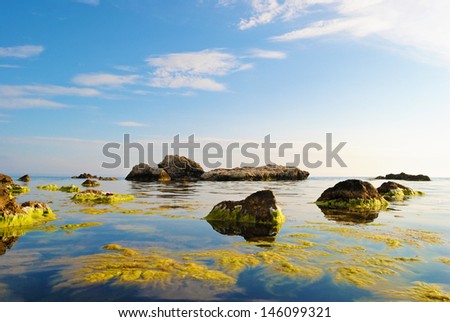 A beautiful landscape of sea coast in Crimea, Ukrayinaiz stone with moss in the sea