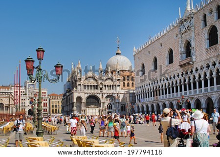 VENEZIA, ITALY - AUGUST 24: Piazza San Marco with Campanile, Basilika San Marco and Doge Palace in Venezia on August 24, 2011 in Venezia, Italy. Basilika San Marco and Doge Palace in Venezia