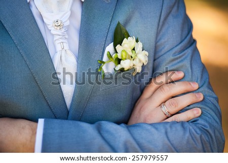 close-up of elegance male hands. man dressed in blue suit and white shirt standing over green nature background. groom in wedding day