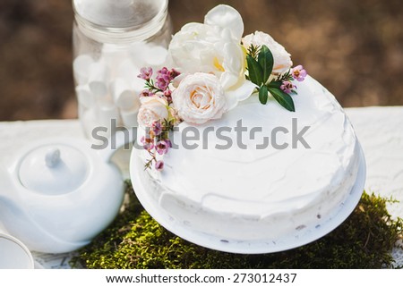 close up of beautiful white wedding cake on white table. wedding party. outdoors reception. dessert. wedding traditions.