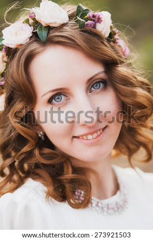 portrait of happy beautiful woman. close up of bride face. smiling young girl looking at camera.