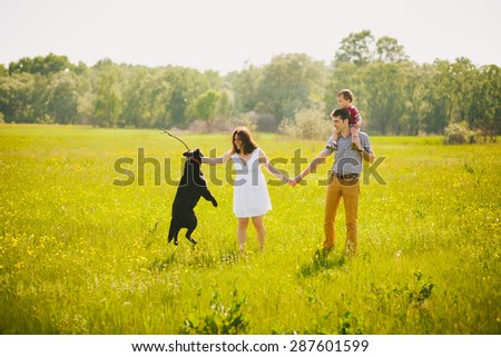Happy family playing with black labrador dog in summer meadow. Father, mother, son holding hands. Family lifestyle. Togetherness. Child playing with parents and dog outside. Summer or spring day.
