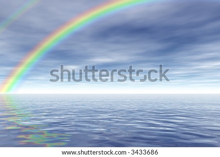 A rainbow spanning over a calm body of water.