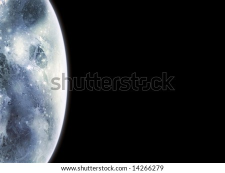 A planet in outer space with copy space on the right.