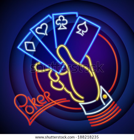Poker Illustration Hand Holding Playing Cards in Neon Light Poker Illustration Hand Holding Playing Cards in Neon Light