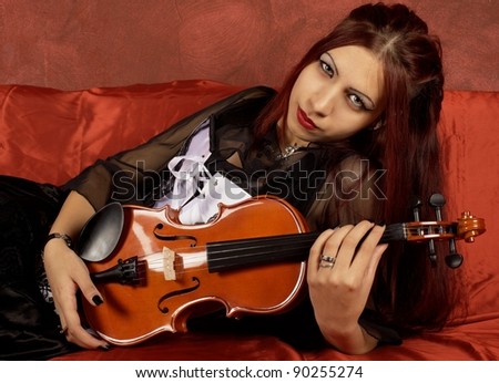 stock photo Classic violin instrument Gothic Musician Gothic girl play 