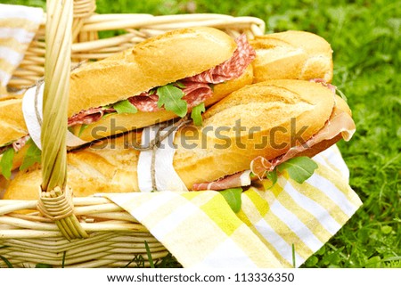 Long baguette sandwiches with salami, prosciutto and arugula for picnic