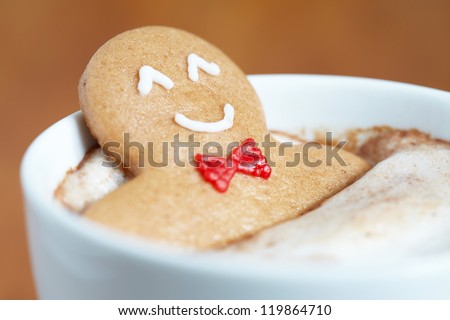 Gingerbread Cookie Man In A Hot Cup Of Cappuccino