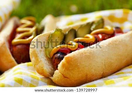 Grilled hot dogs with mustard, ketchup and relish on a picnic table