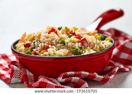 Rice with corn, pea, pepper and shrimps