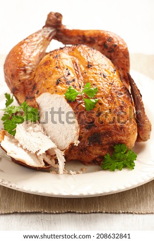 Whole Roasted Chicken on plate for holidays