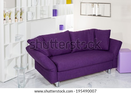 purple couch in front of white wall unit