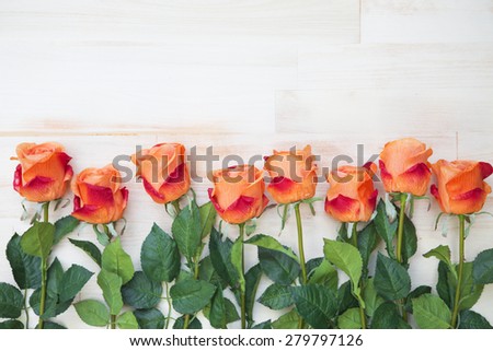 beautiful orange roses  lined up in a row on a white vintage wooden background