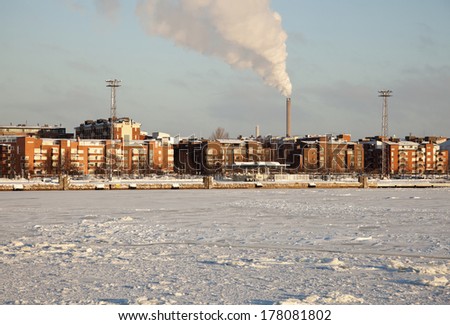 Apartments buildings by frozen Baltic Sea in Helsinki, Finland