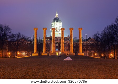 Columns in front of University of Missouri building in Columbia, Missouri, USA