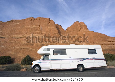 RV against the rocks of Zion National Park