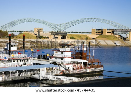Steamboats on Mississipi - Memphis, Tennessee. The river is the border between Tennessee and Arkansas.
