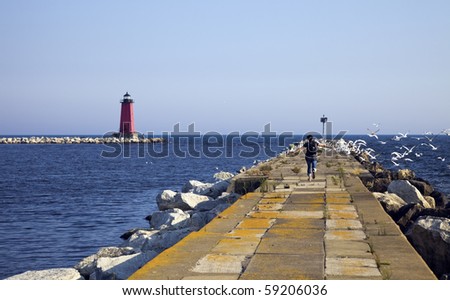 Tourist running on the pier and scaring the birds away.