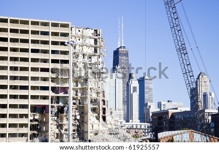 Demolition of project building - downtown of Chicago.