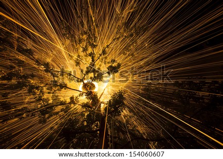 sparks falling down from a tree, burning wire wool to look like a firework