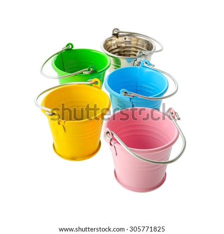 Isolated objects: perspective group of colorful buckets, isolated on white background