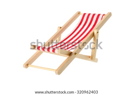 Isolated objects: wooden red striped deck chair, isolated on white background