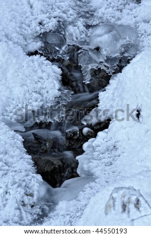 Frozen creek, stream of water under the ice and snow