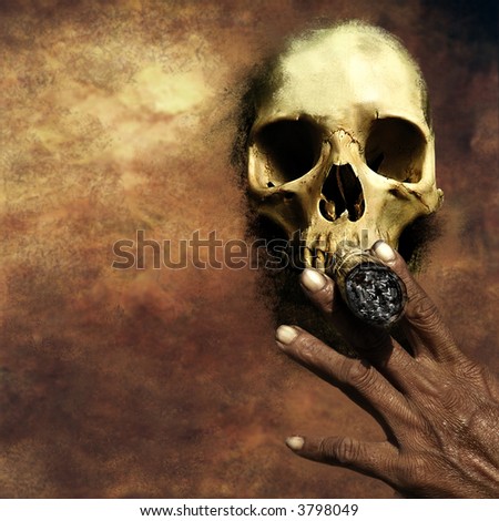 smoking kills concept on grunge background with skull and hand holding a big cigar