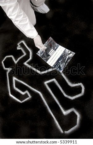 crime scene investigation with syringe in plastic evidence bag on black background