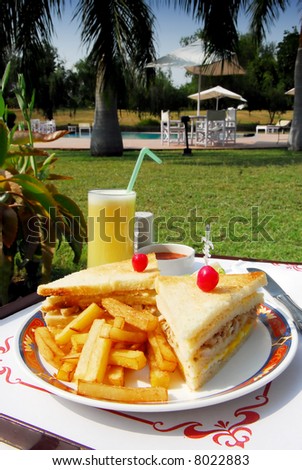 clubsandwich with fries in hotel garden with palm trees and swimmingpool