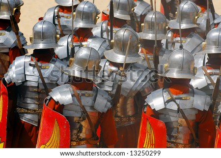 Backside of roman soldiers during Roman show in Jerash, Jordan