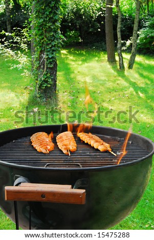 Outdoor cooking in summertime with shrimps on bbq in green garden