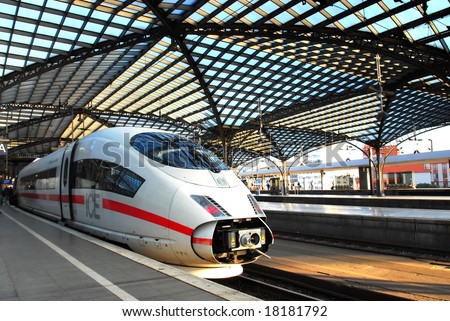 Intercity Express (ICE) train at railway station in Cologne, Germany