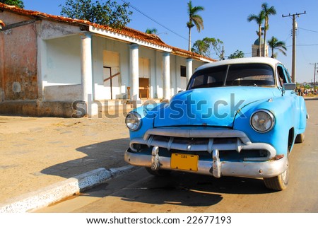stock photo Vintage blue oldtimer car in the streets of Vinales Cuba